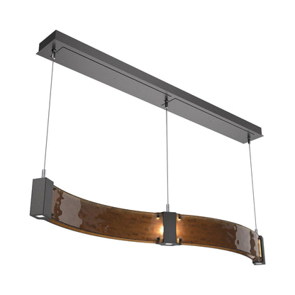 Parallel Curved Linear LED Chandelier in Graphite/Bronze Granite Blown Glass.