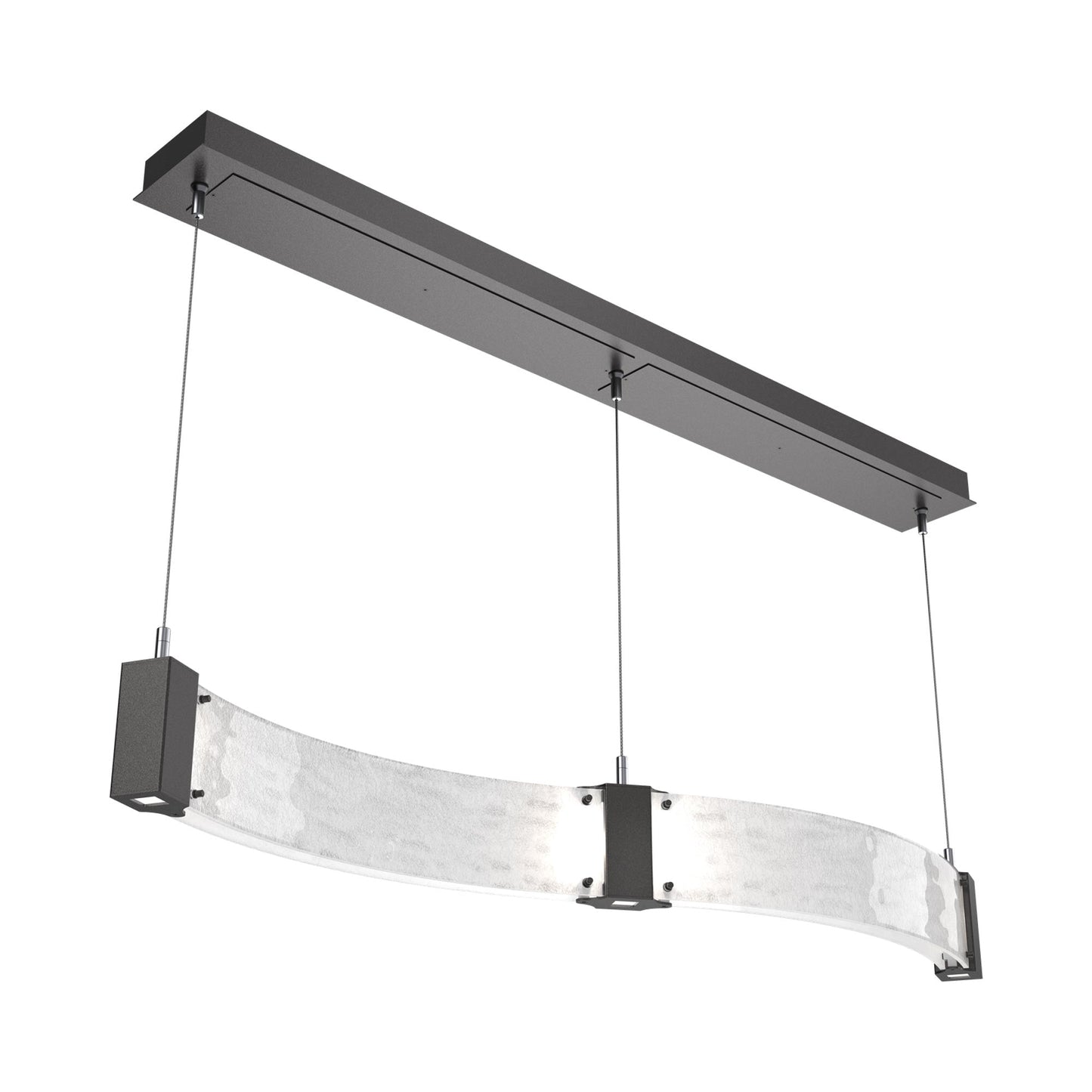 Parallel Curved Linear LED Chandelier in Graphite/Clear Granite Blown Glass.