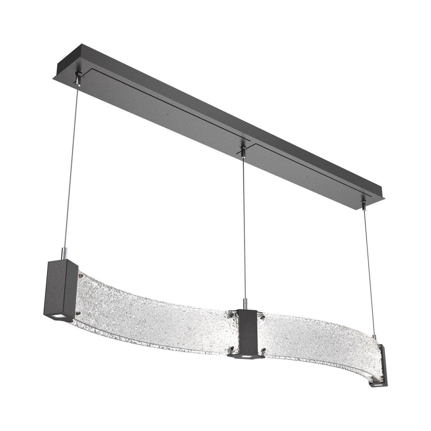 Parallel Curved Linear LED Chandelier in Graphite/Crystal Rimelight Blown Glass.