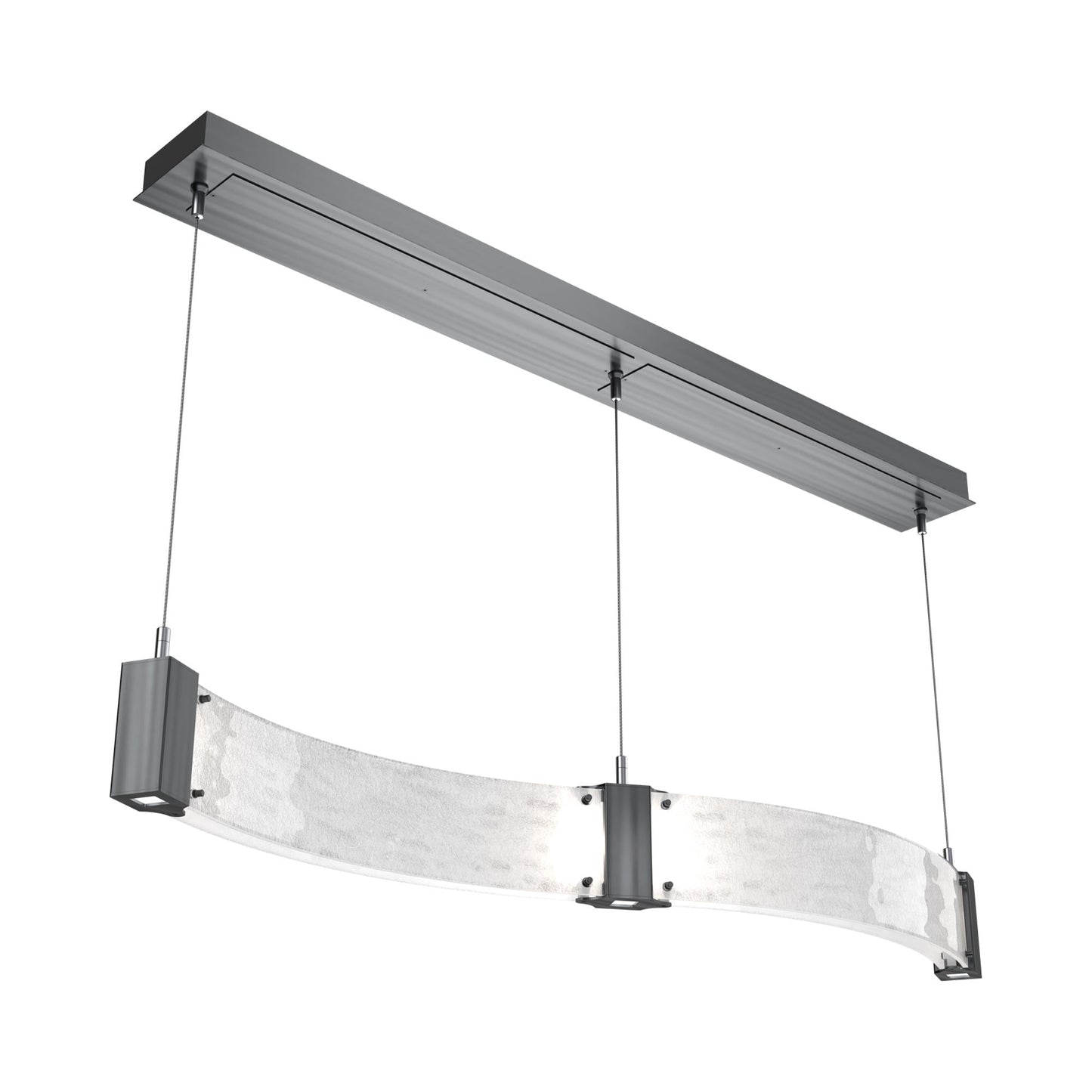 Parallel Curved Linear LED Chandelier in Gunmetal/Clear Granite Blown Glass.