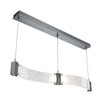 Parallel Curved Linear LED Chandelier in Gunmetal/Clear Granite Blown Glass.