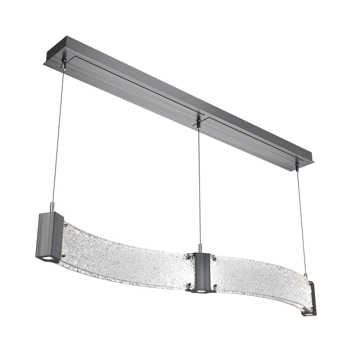 Parallel Curved Linear LED Chandelier in Gunmetal/Crystal Rimelight Blown Glass.