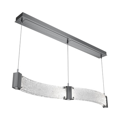 Parallel Curved Linear LED Chandelier in Gunmetal/Crystal Rimelight Blown Glass.