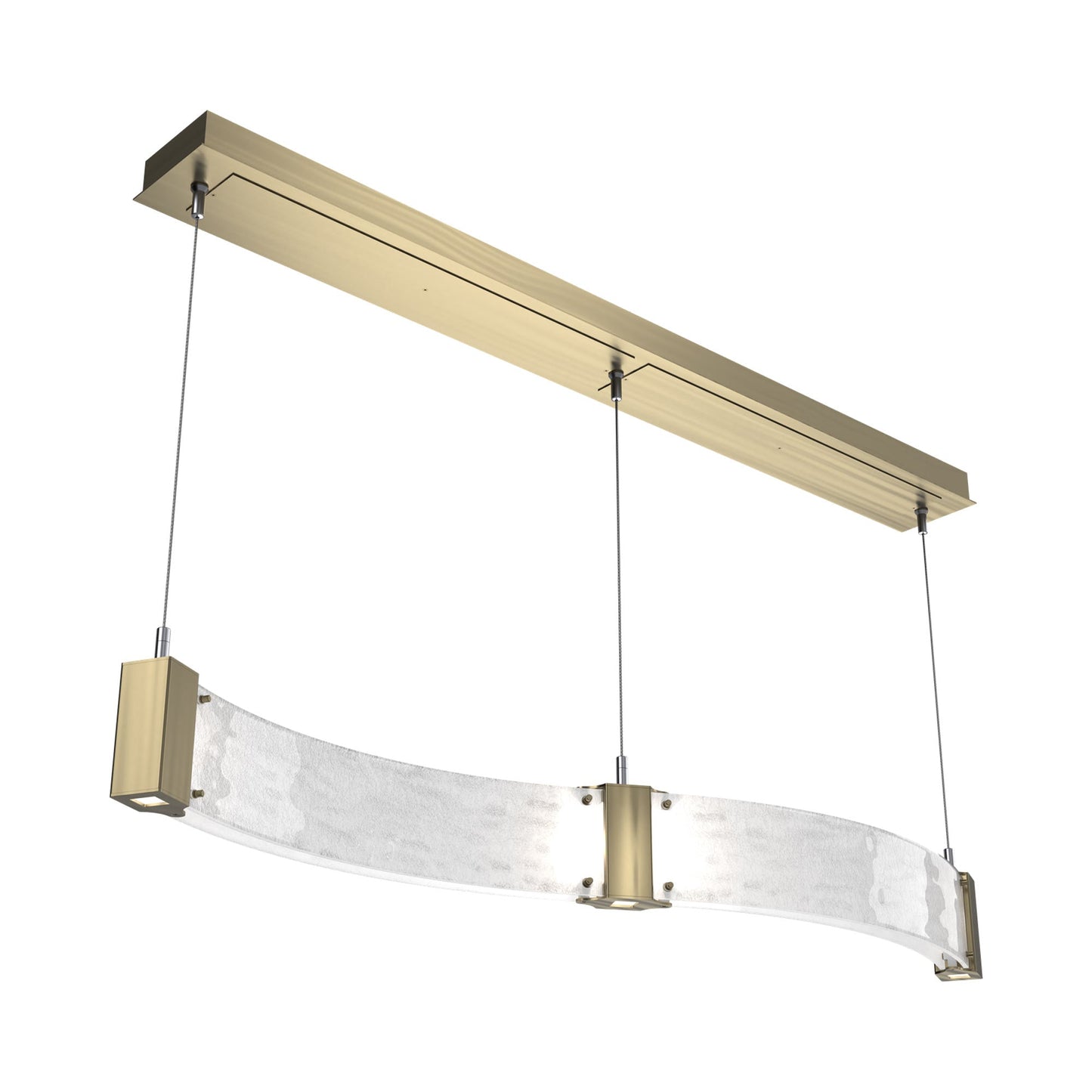 Parallel Curved Linear LED Chandelier in Heritage Brass/Clear Granite Blown Glass.
