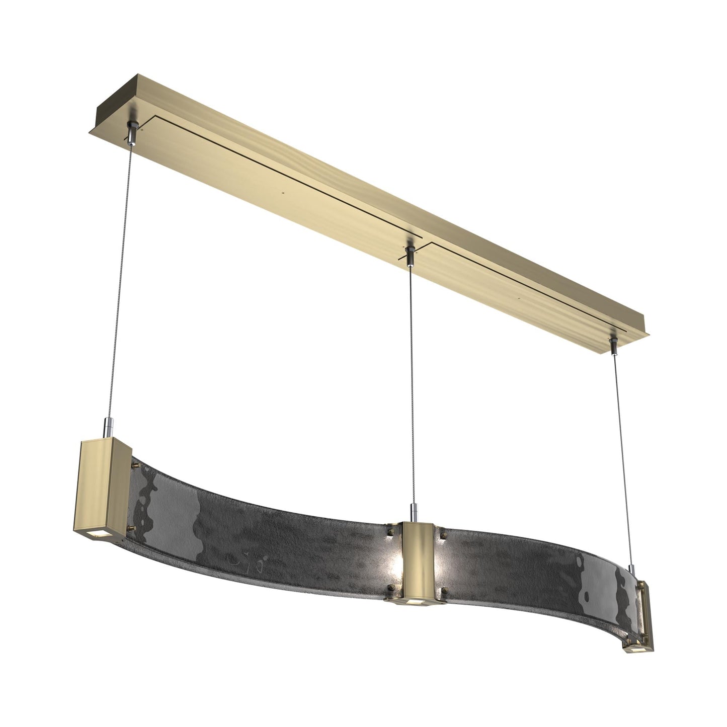 Parallel Curved Linear LED Chandelier in Heritage Brass/Smoke Granite Blown Glass.