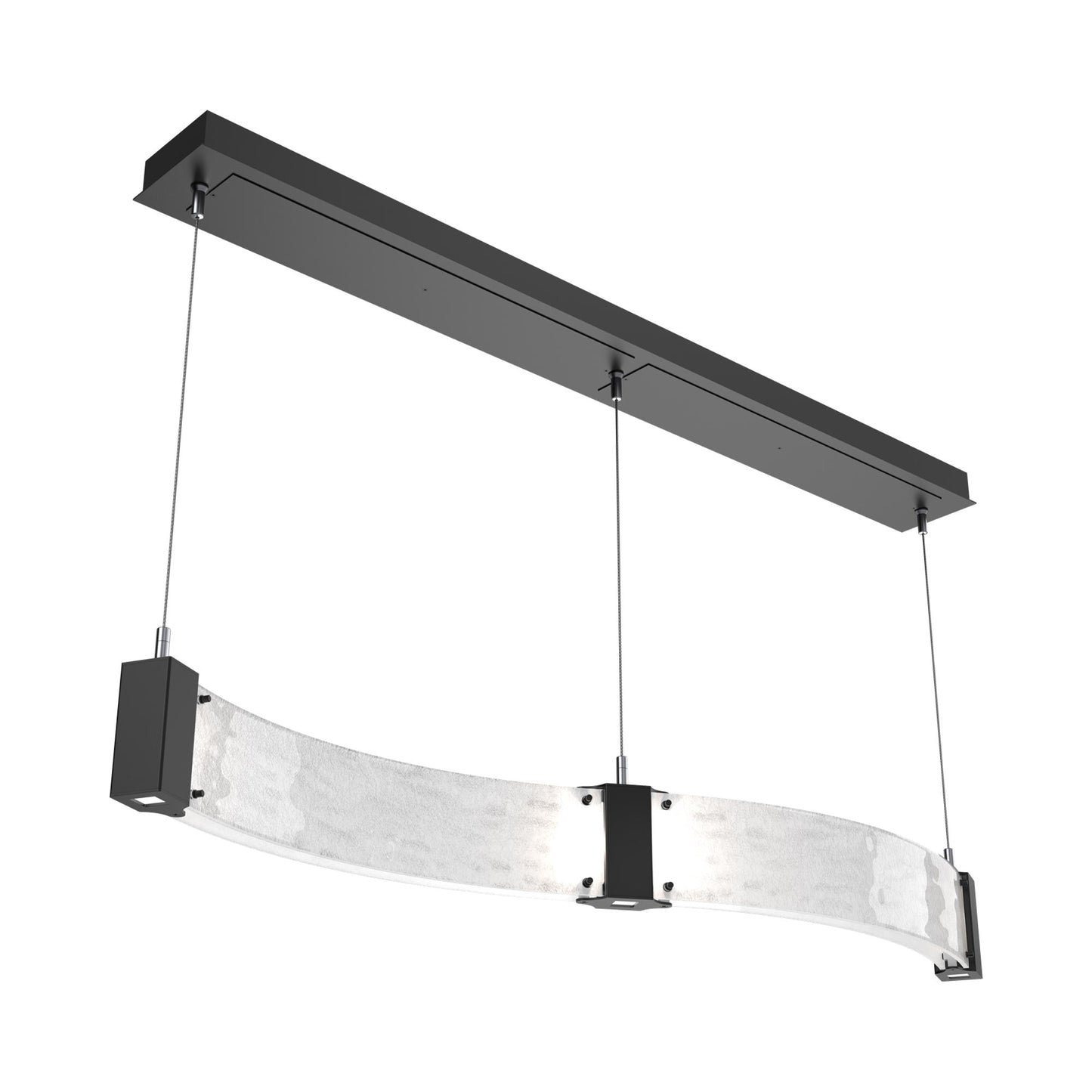 Parallel Curved Linear LED Chandelier in Matte Black/Clear Granite Blown Glass.