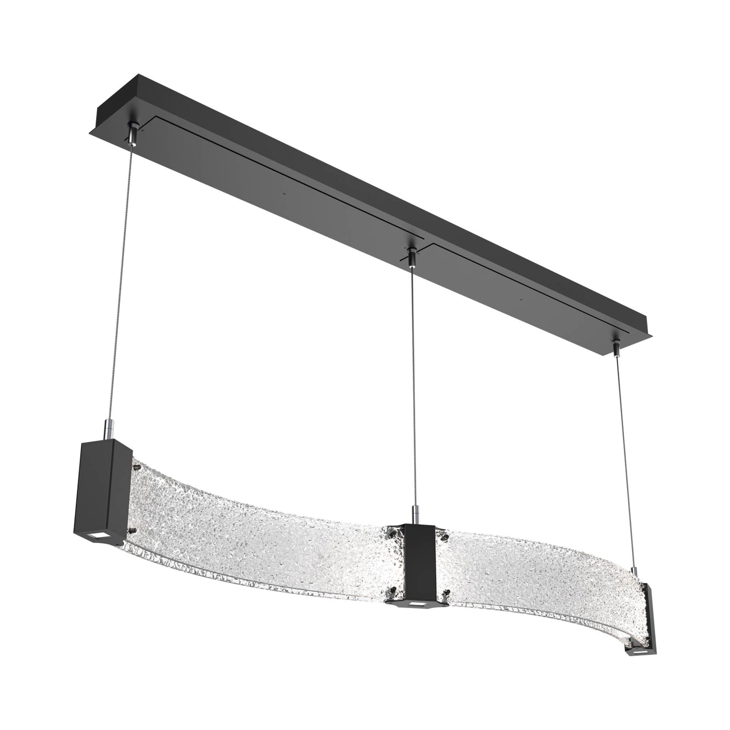 Parallel Curved Linear LED Chandelier in Matte Black/Crystal Rimelight Blown Glass.