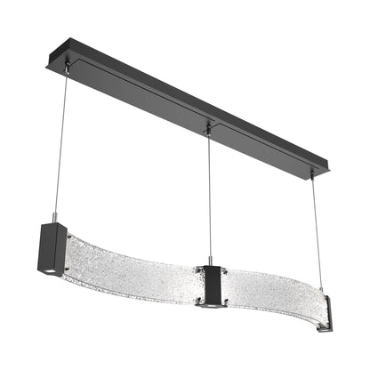 Parallel Curved Linear LED Chandelier in Matte Black/Crystal Rimelight Blown Glass.
