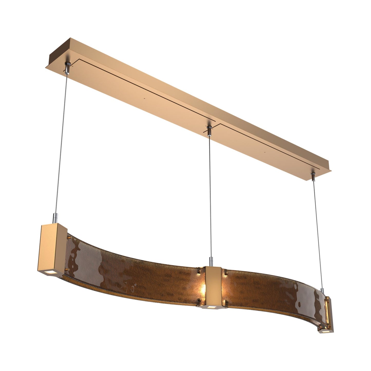 Parallel Curved Linear LED Chandelier in Novel Brass/Bronze Granite Blown Glass.