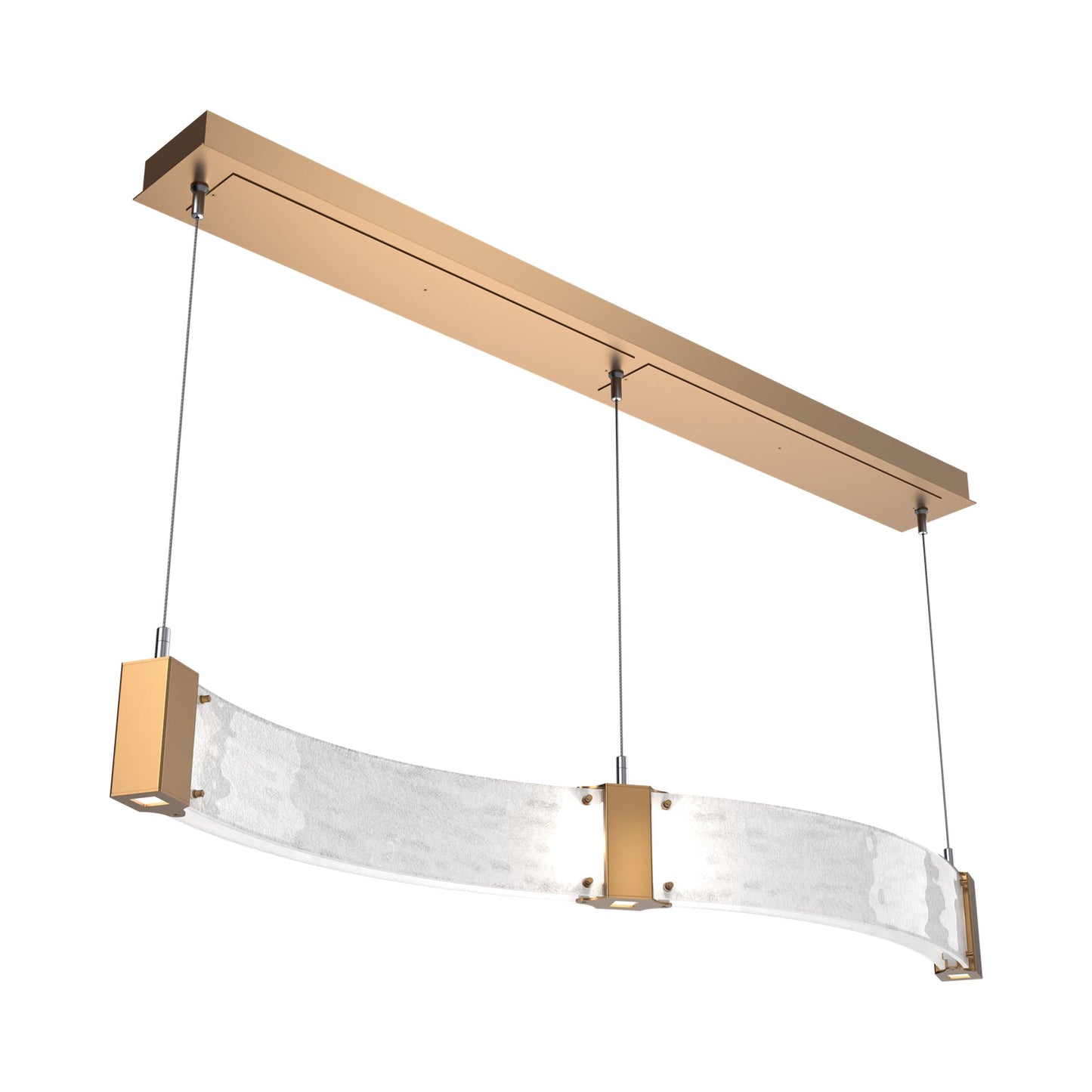Parallel Curved Linear LED Chandelier in Novel Brass/Clear Granite Blown Glass.