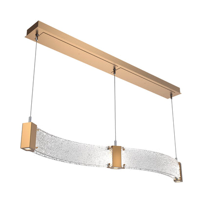 Parallel Curved Linear LED Chandelier in Novel Brass/Crystal Rimelight Blown Glass.