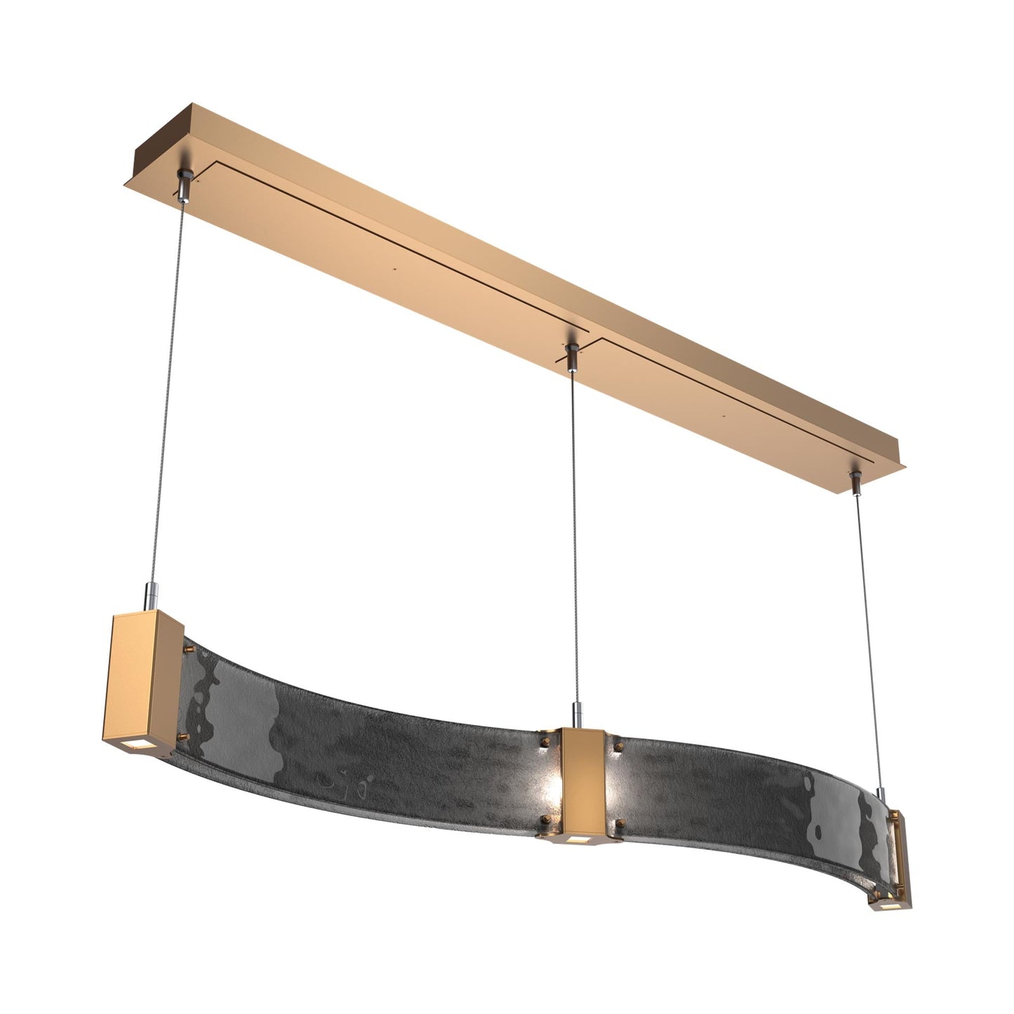 Parallel Curved Linear LED Chandelier in Novel Brass/Smoke Granite Blown Glass.