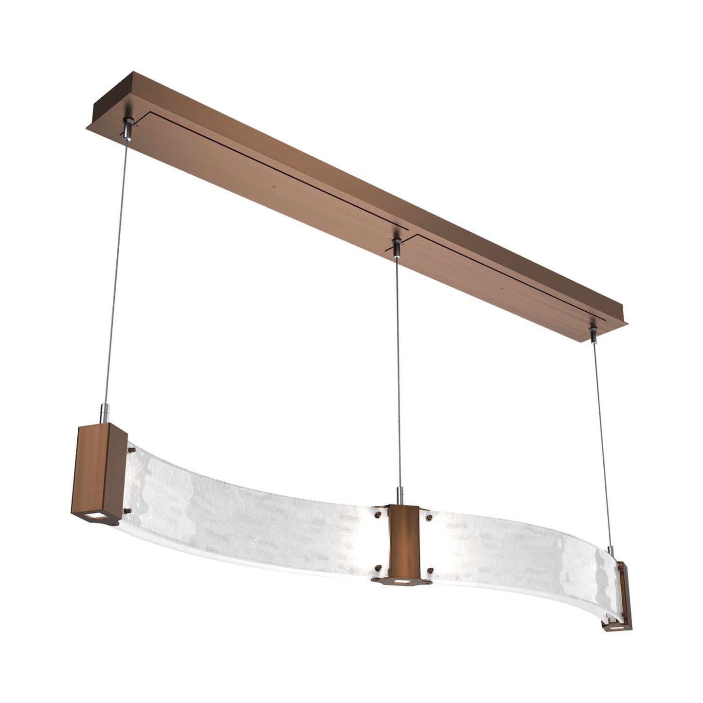Parallel Curved Linear LED Chandelier in Oil Rubbed Bronze/Clear Granite Blown Glass.