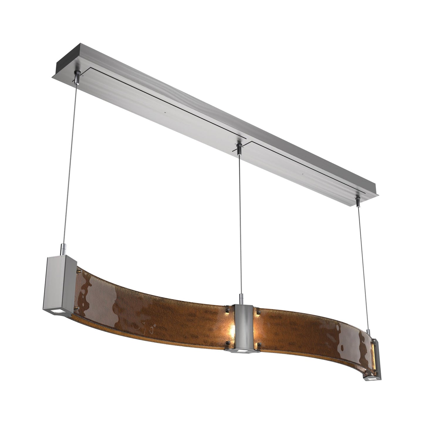 Parallel Curved Linear LED Chandelier in Satin Nickel/Bronze Granite Blown Glass.