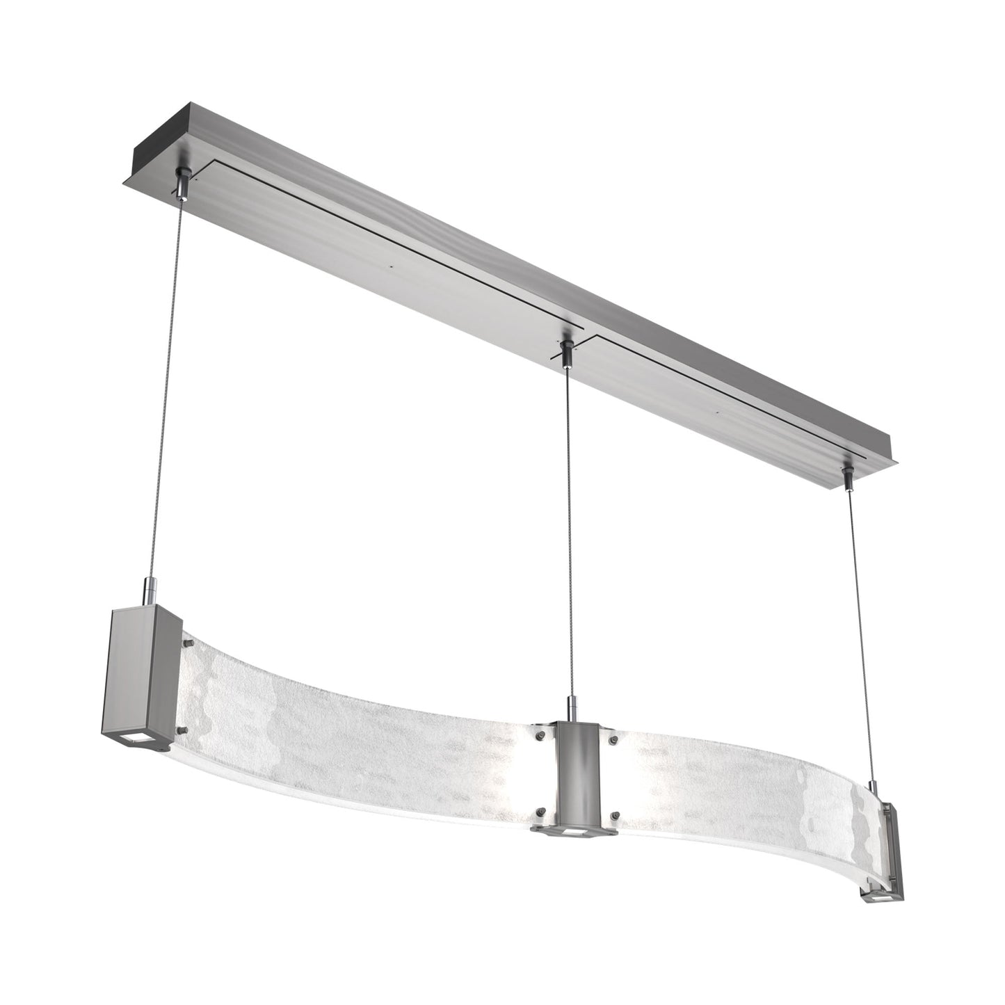 Parallel Curved Linear LED Chandelier in Satin Nickel/Clear Granite Blown Glass.