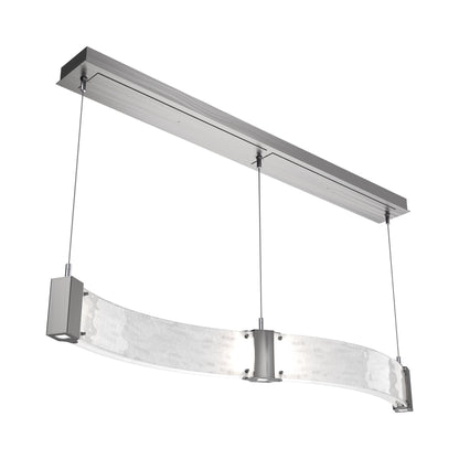 Parallel Curved Linear LED Chandelier in Satin Nickel/Clear Granite Blown Glass.
