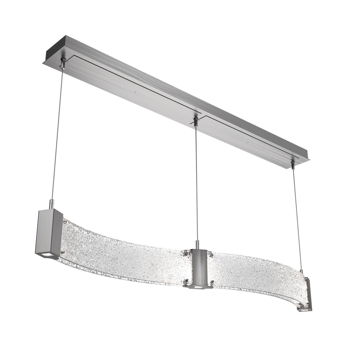 Parallel Curved Linear LED Chandelier in Satin Nickel/Crystal Rimelight Blown Glass.