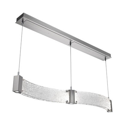 Parallel Curved Linear LED Chandelier in Satin Nickel/Crystal Rimelight Blown Glass.