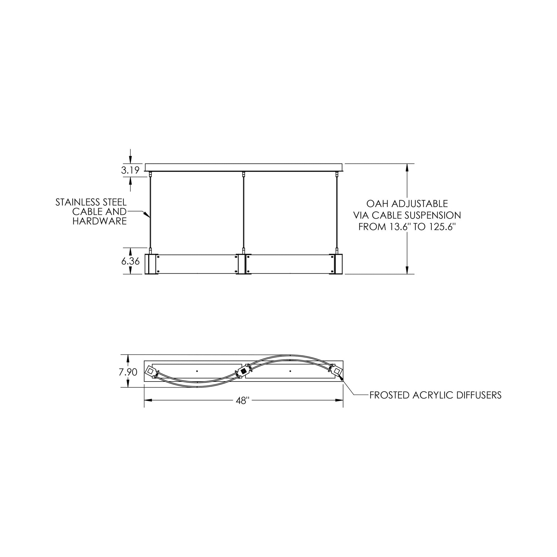 Parallel Curved Linear LED Chandelier - line drawing.