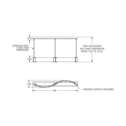 Parallel Curved Linear LED Chandelier - line drawing.