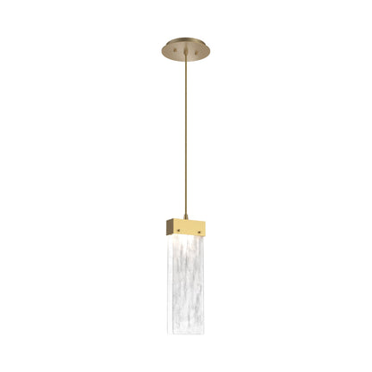 Parallel LED Pendant Light in Gilded Brass/Clear Granite Blown Glass.