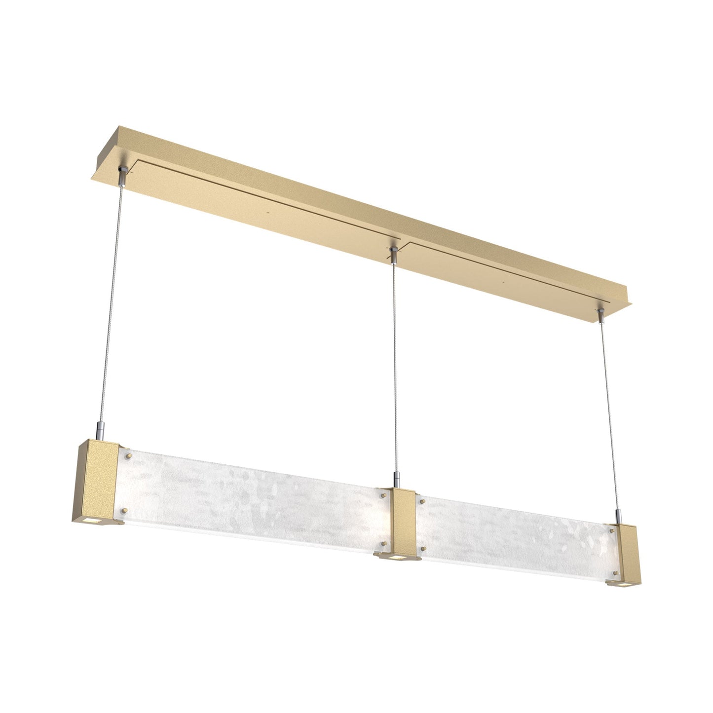Parallel Linear LED Chandelier in Gilded Brass/Clear Granite Blown Glass.
