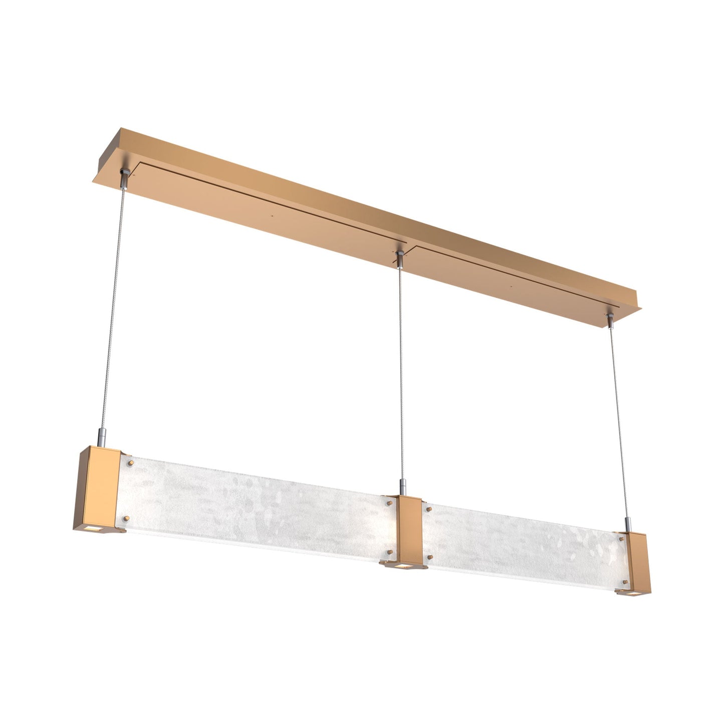 Parallel Linear LED Chandelier in Novel Brass/Clear Granite Blown Glass.
