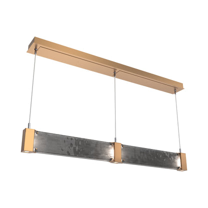 Parallel Linear LED Chandelier in Novel Brass/Smoke Granite Blown Glass.