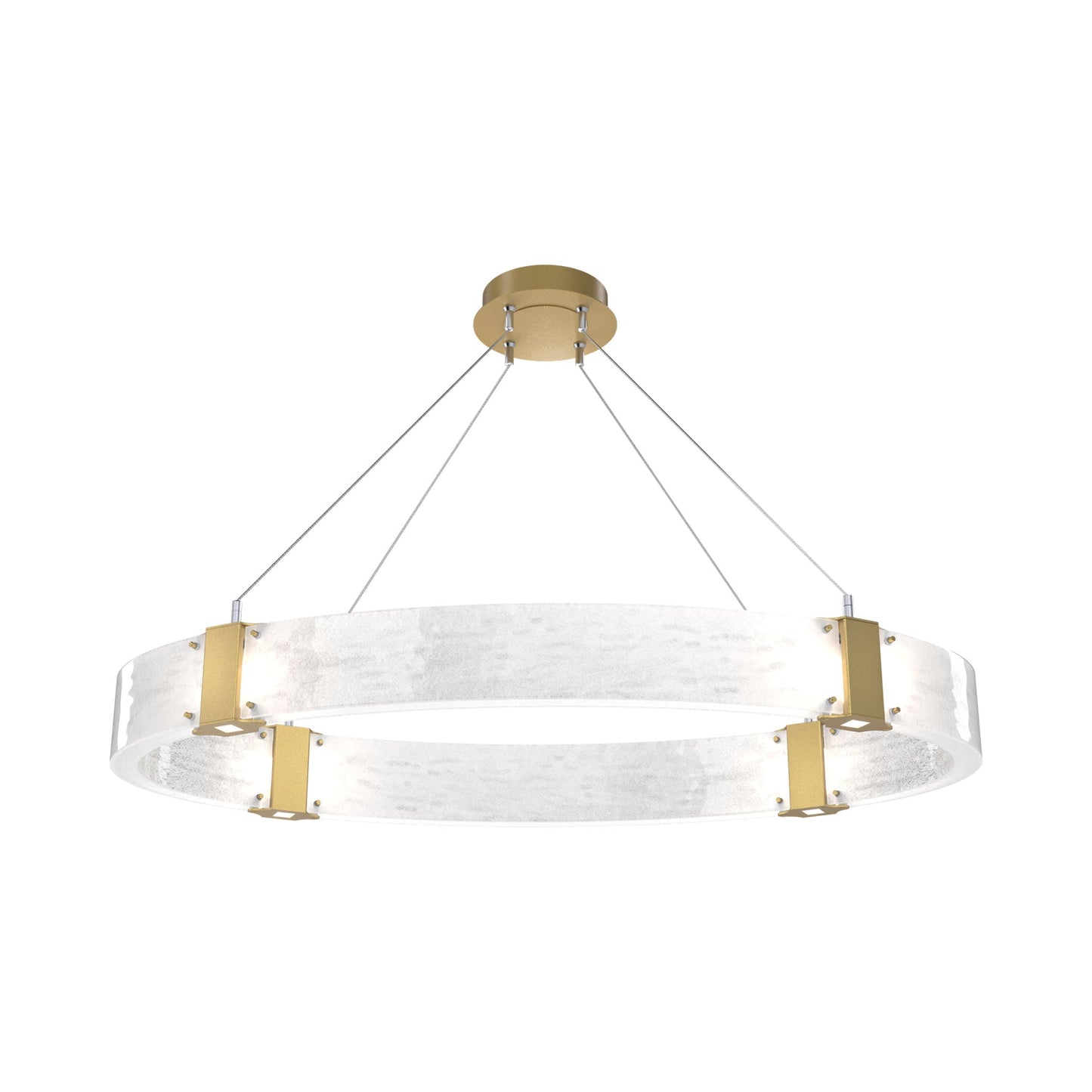 Parallel Oval LED Chandelier in Gilded Brass/Clear Granite Blown Glass.
