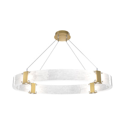 Parallel Oval LED Chandelier in Gilded Brass/Clear Granite Blown Glass.