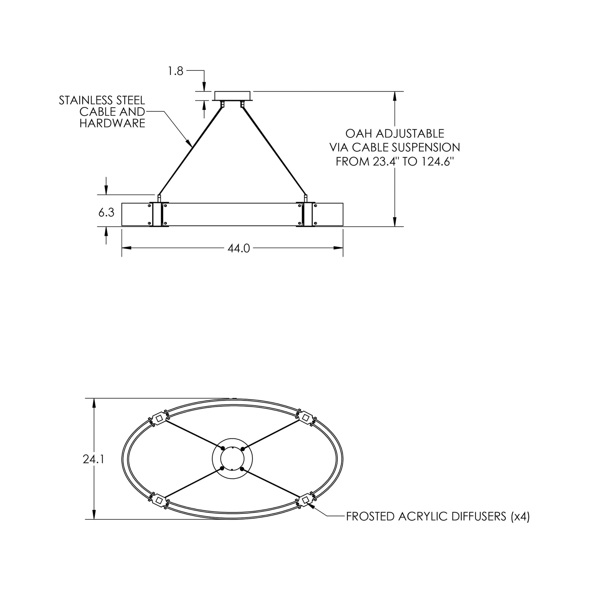 Parallel Oval LED Chandelier - line drawing.