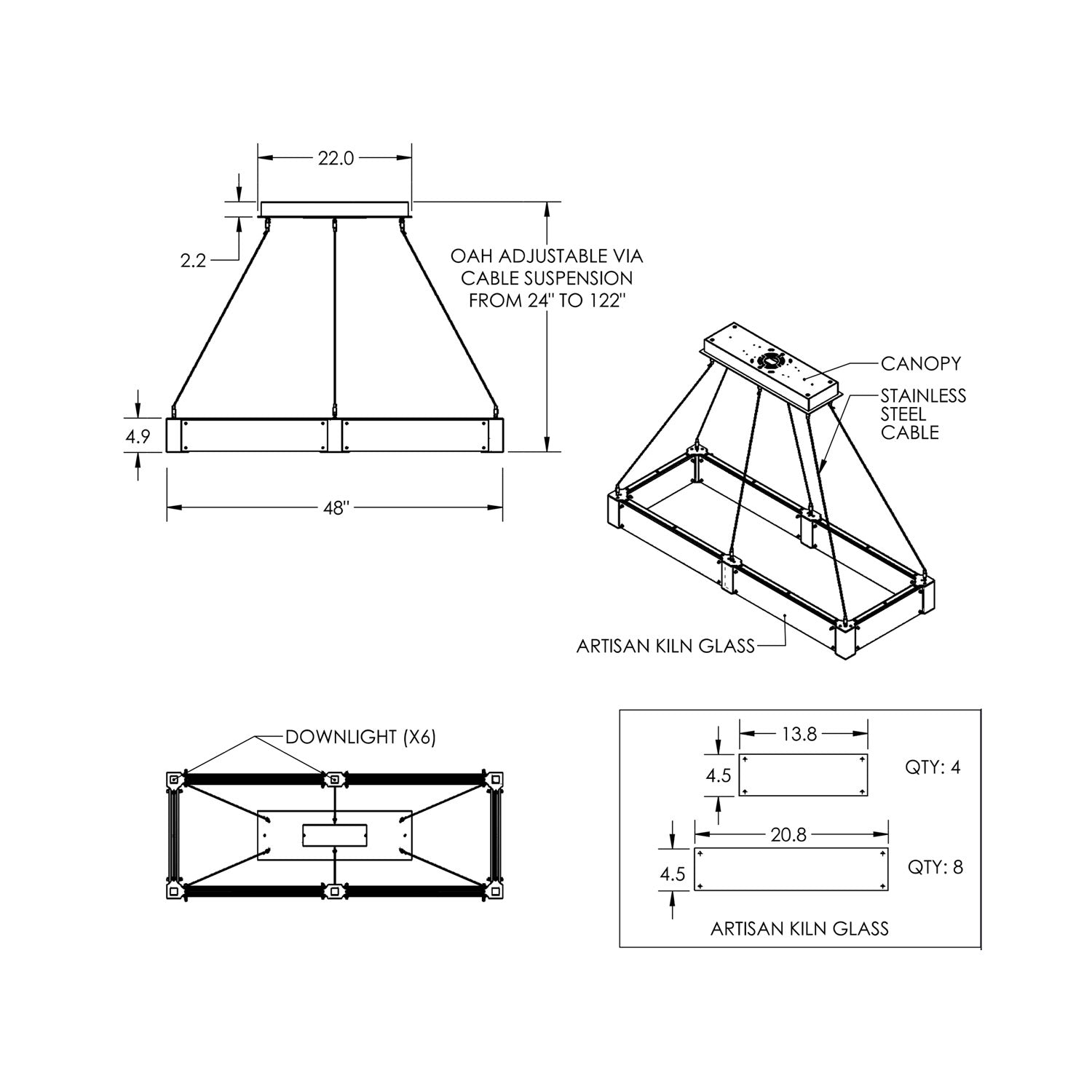 Parallel Rectangular Linear LED Chandelier - line drawing.