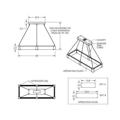 Parallel Rectangular Linear LED Chandelier - line drawing.