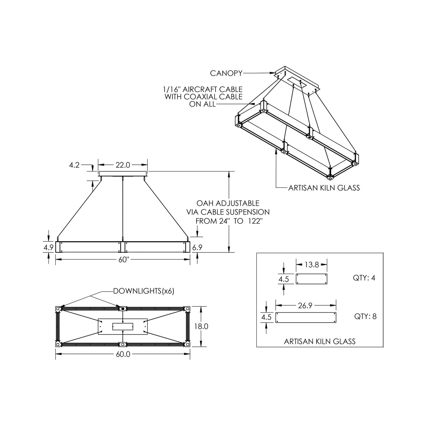 Parallel Rectangular Linear LED Chandelier - line drawing.