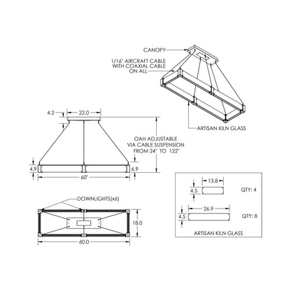 Parallel Rectangular Linear LED Chandelier - line drawing.