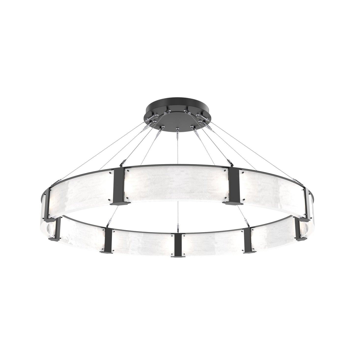 Parallel Ring LED Chandelier in Matte Black/Clear Granite Blown Glass (60-Inch).