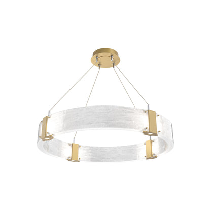 Parallel Ring LED Chandelier in Gilded Brass/Clear Granite Blown Glass (32.6-Inch).