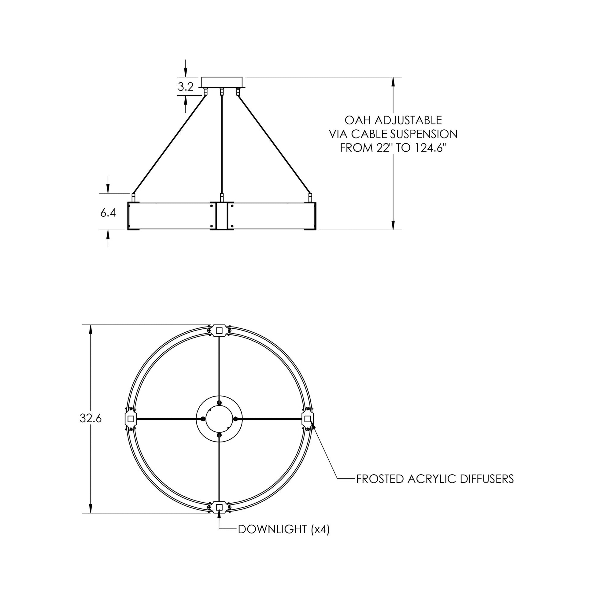 Parallel Ring LED Chandelier - line drawing.