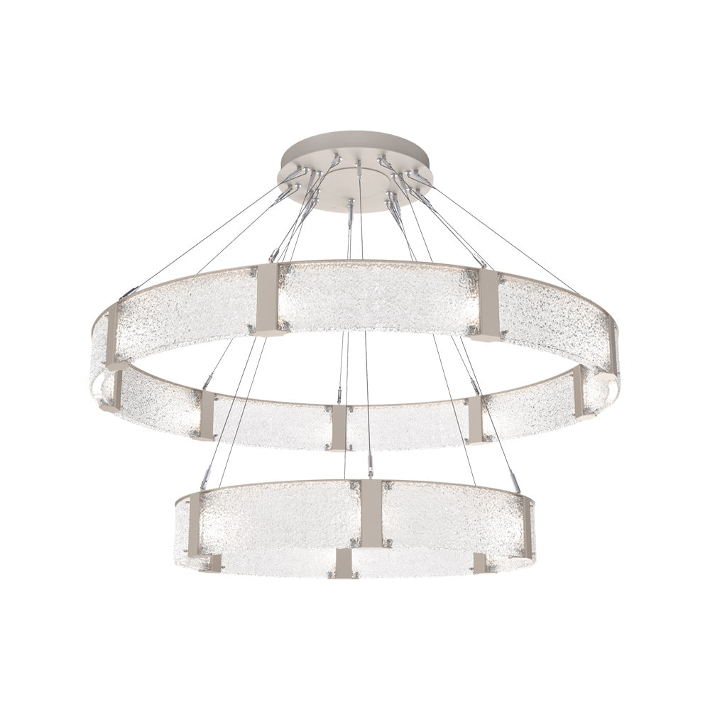 Parallel Two-Tier Ring LED Chandelier in Beige Silver/Crystal Rimelight Blown Glass (60-Inch).