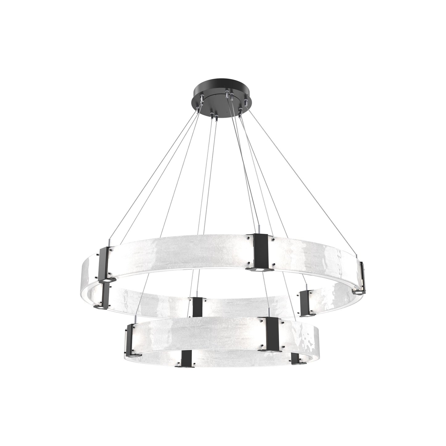 Parallel Two-Tier Ring LED Chandelier in Matte Black/Clear Granite Blown Glass (48-Inch).