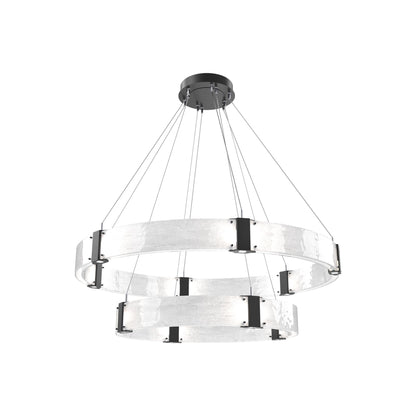 Parallel Two-Tier Ring LED Chandelier in Matte Black/Clear Granite Blown Glass (48-Inch).