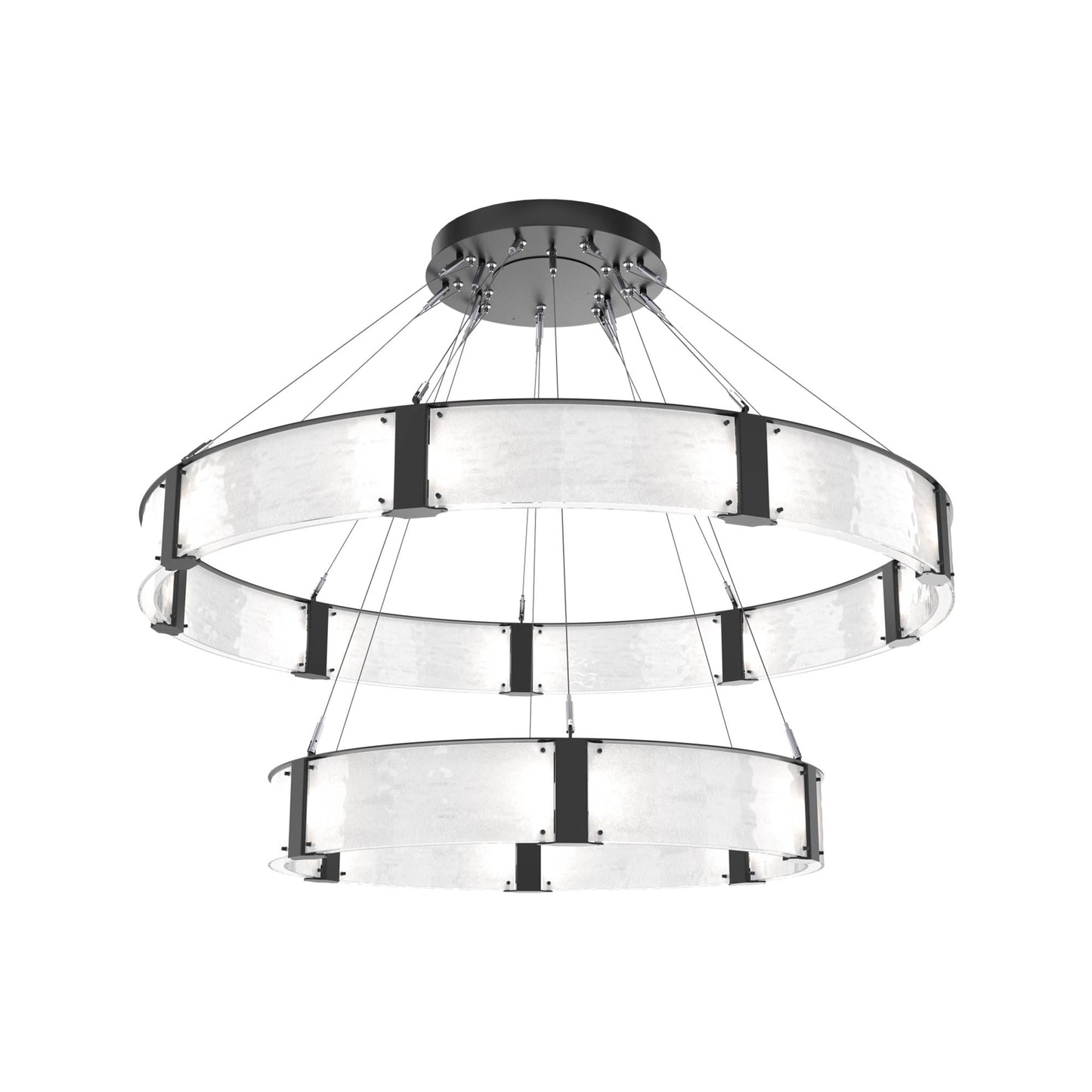 Parallel Two-Tier Ring LED Chandelier in Matte Black/Clear Granite Blown Glass (60-Inch).