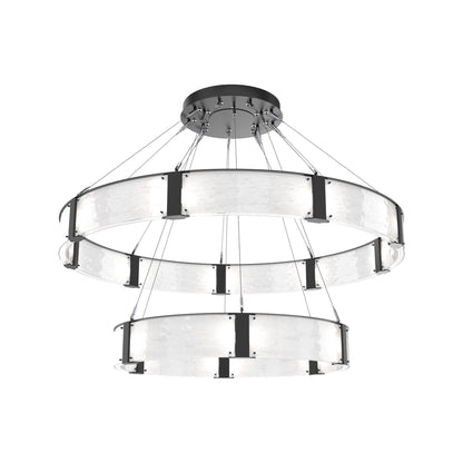 Parallel Two-Tier Ring LED Chandelier in Matte Black/Clear Granite Blown Glass (60-Inch).