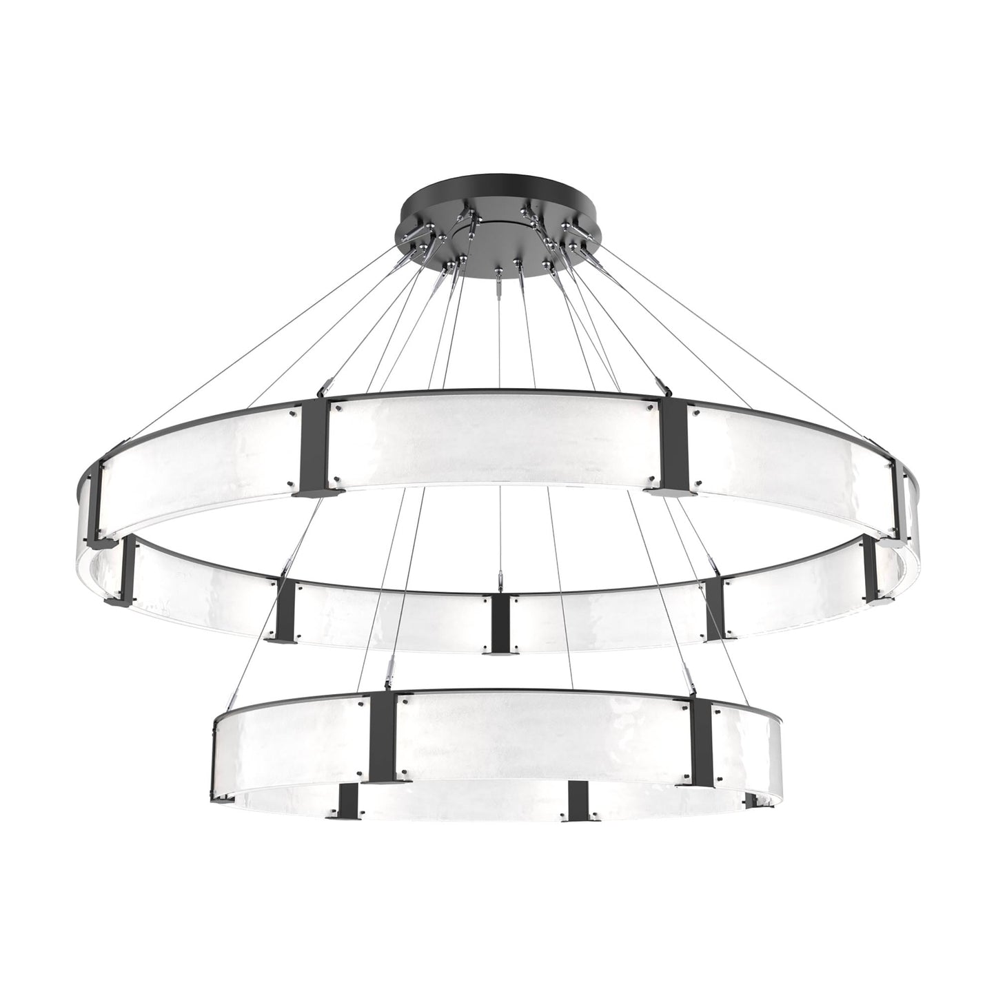 Parallel Two-Tier Ring LED Chandelier in Matte Black/Clear Granite Blown Glass (72-Inch).