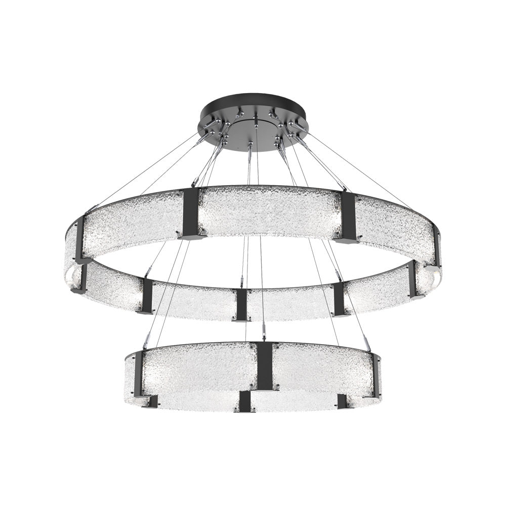 Parallel Two-Tier Ring LED Chandelier in Matte Black/Crystal Rimelight Blown Glass (60-Inch).