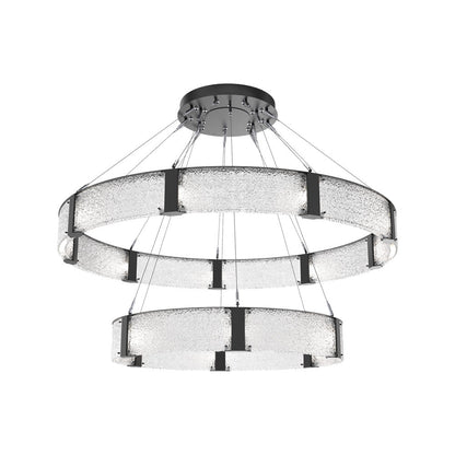 Parallel Two-Tier Ring LED Chandelier in Matte Black/Crystal Rimelight Blown Glass (60-Inch).