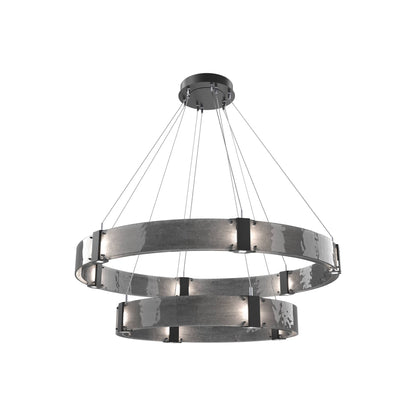 Parallel Two-Tier Ring LED Chandelier in Matte Black/Smoke Granite Blown Glass (48-Inch).