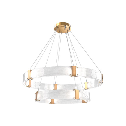 Parallel Two-Tier Ring LED Chandelier in Novel Brass/Clear Granite Blown Glass (48-Inch).
