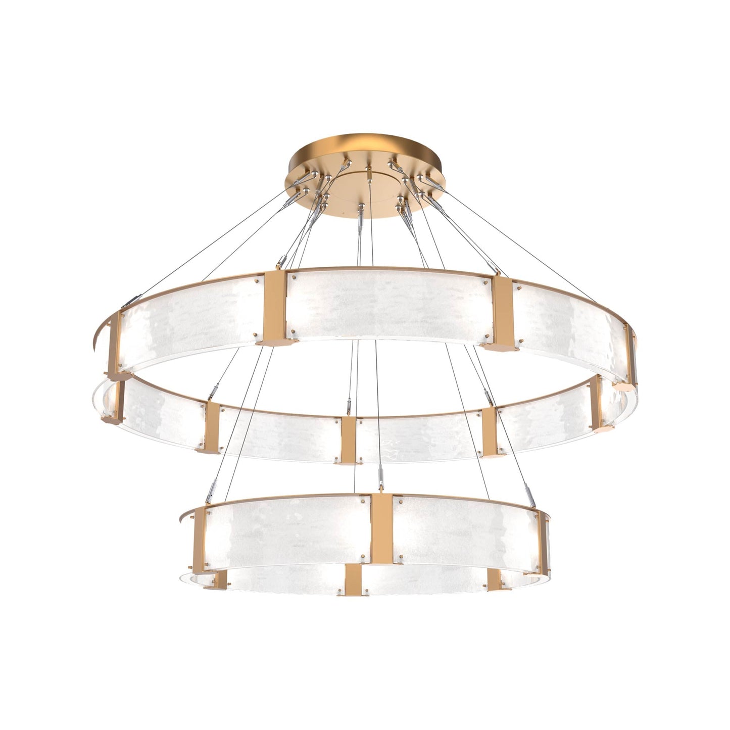 Parallel Two-Tier Ring LED Chandelier in Novel Brass/Clear Granite Blown Glass (60-Inch).