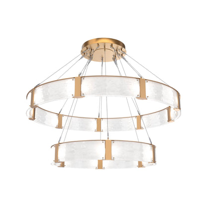 Parallel Two-Tier Ring LED Chandelier in Novel Brass/Clear Granite Blown Glass (60-Inch).